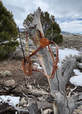 Leather Garmin Alpha Harness hanging on a tree branch in a snowy outdoor landscape, case not included.